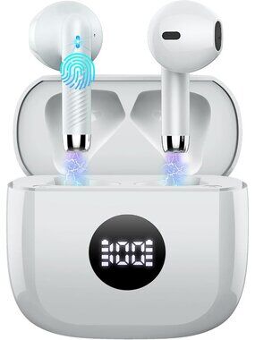 Wireless Light Grey LED Power Display Bass Stereo 40H Playback Bluetooth Earbud